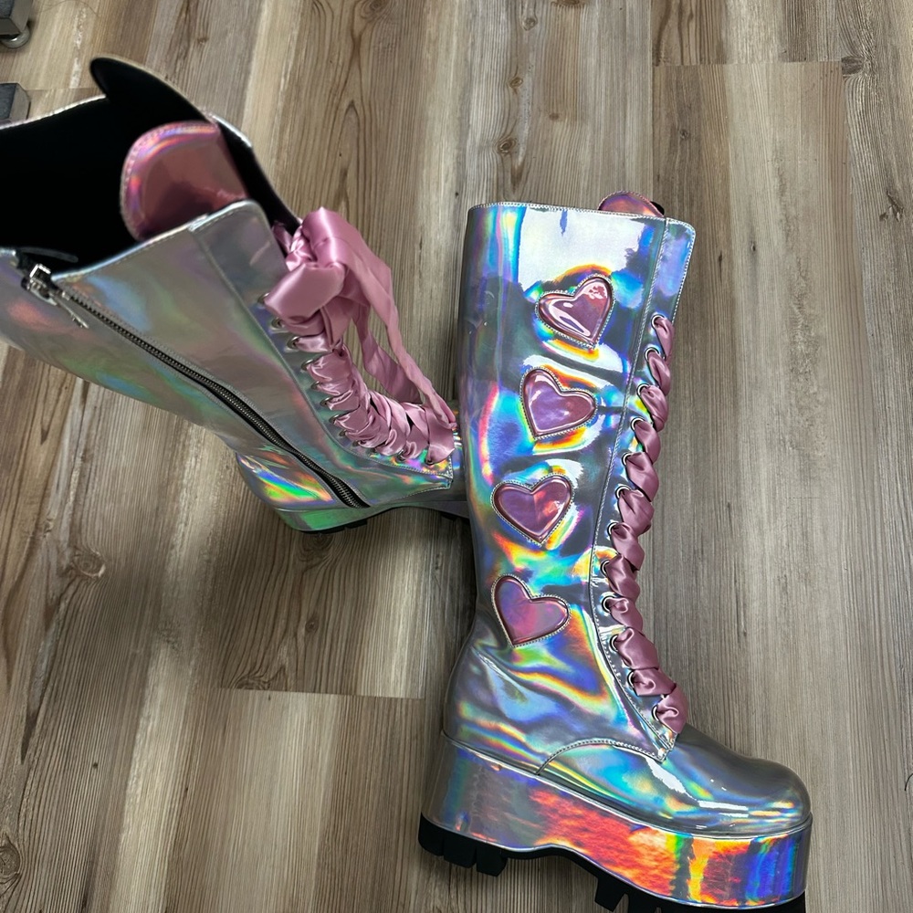 Doll Kill HEART ATTACK HOLOGRAPHIC KNEE HIGH BOOTS